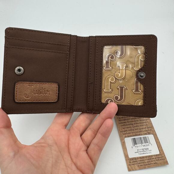 Justin RFID Western Bi-Fold Wallet Brown Studded Leather NWT - Picture 6 of 9
